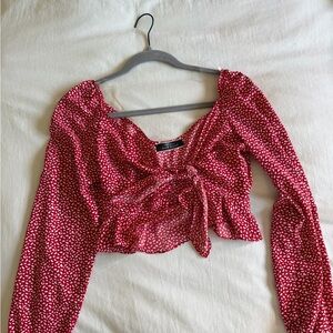 Red Printed Tie-Front Long Sleeve Top